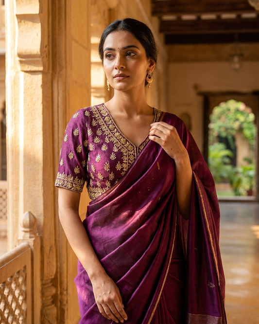 Handcrafted Zardozi Velvet Blouse for Women | Wine Banarasi Embroidered Festive & Wedding Wear – Rosaya