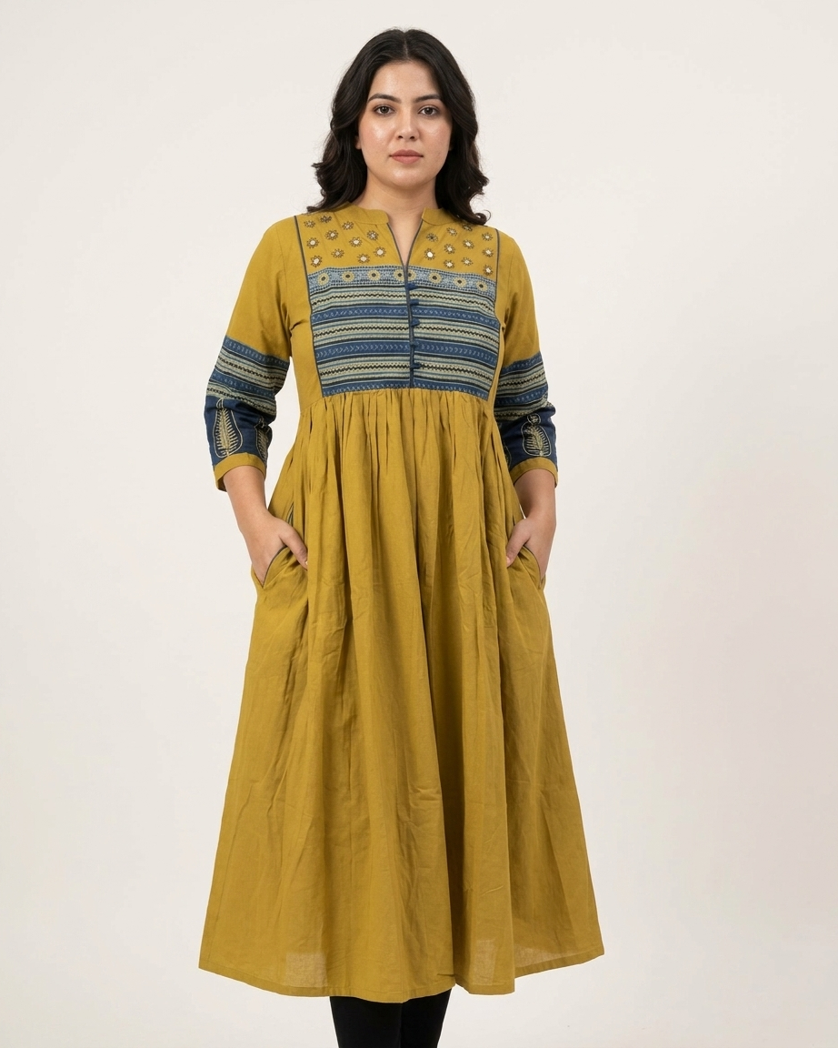 Mustard Cotton Anarkali Kurta for Women