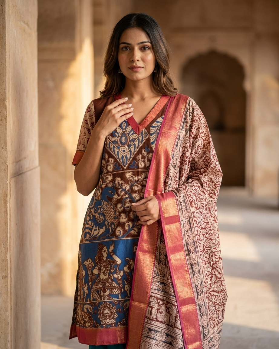 Kalamkari Inspired Printed Cotton Kurta for Women | Rust & Indigo Ethnic Kurta – Rosaya
