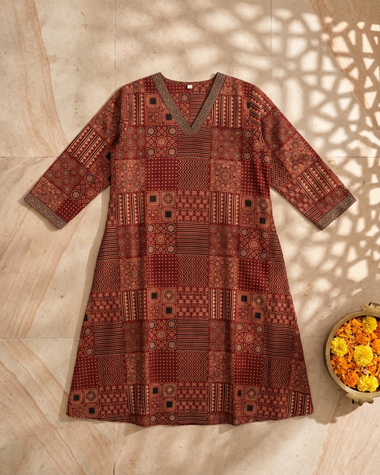 Rust Ajrakh Printed Cotton Kurta Dress for Women | Patchwork Ethnic A-Line Kurta with Pockets – Rosaya