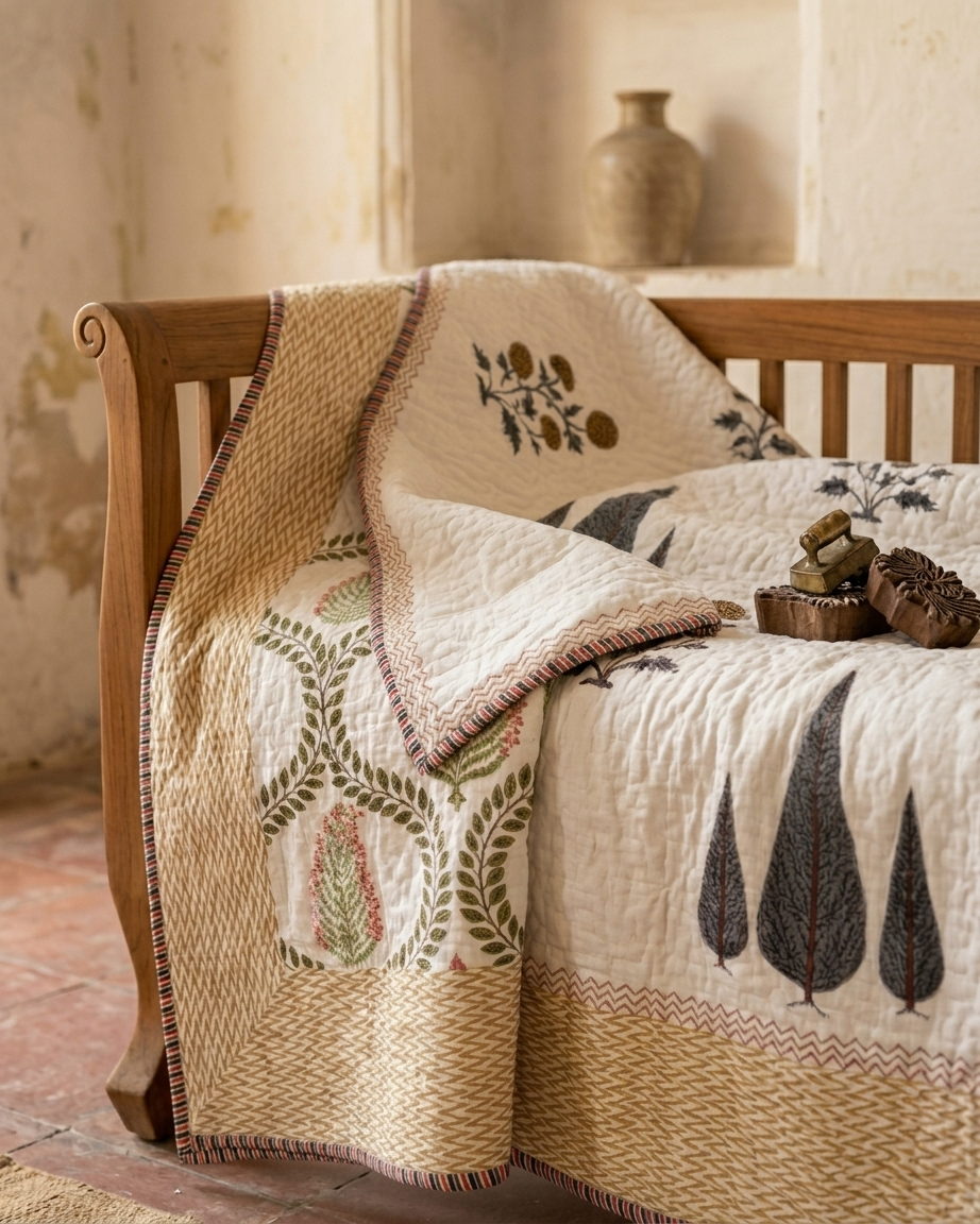 Jaipuri Cotton Dohar – Hand Block Print Leaf & Floral Reversible Lightweight Quilt (Beige & Earth Tones) | Rosaya