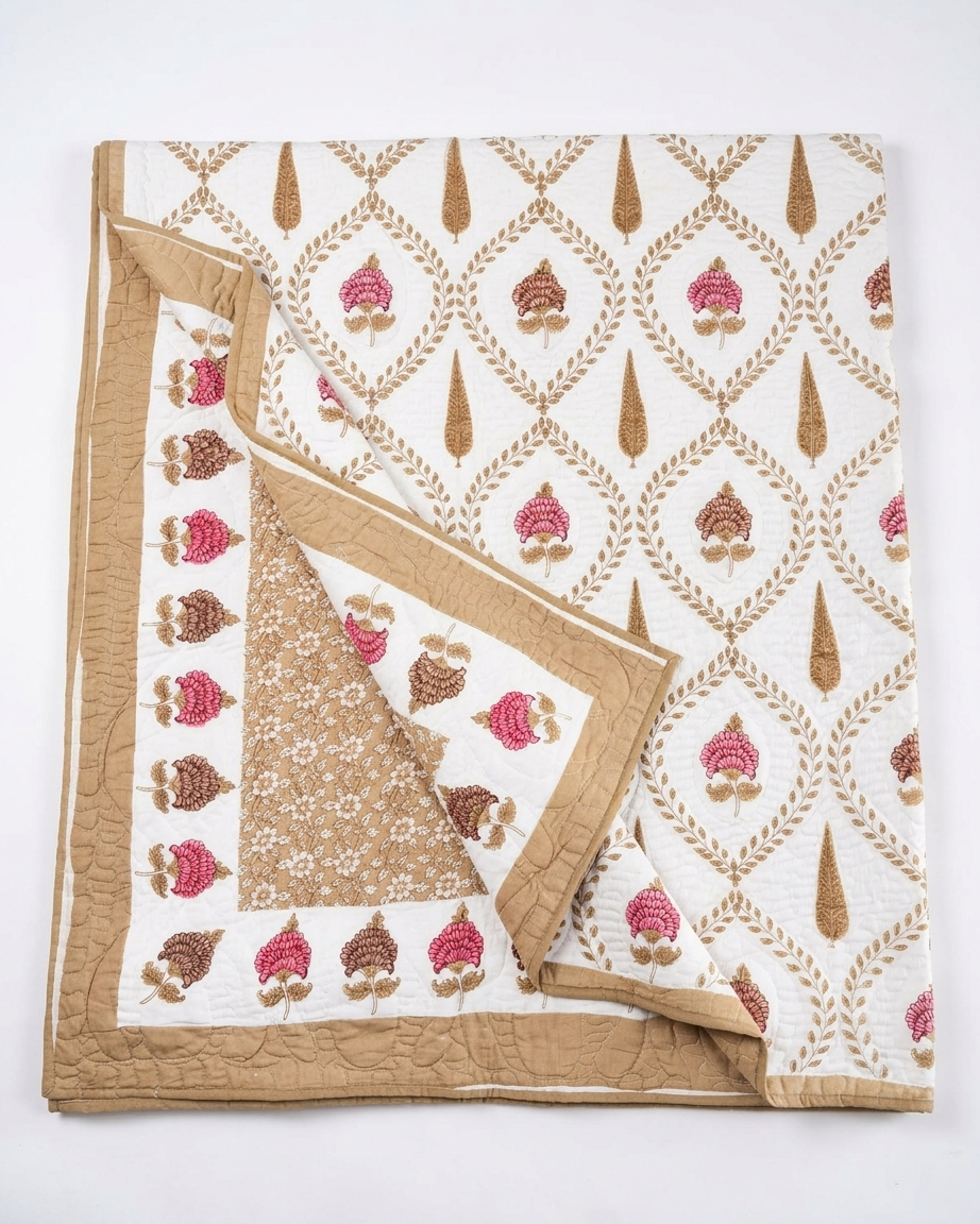 Jaipuri Cotton Dohar – Mustard Gold & Pink Floral Jaal Reversible Lightweight Quilt (Double Bed) | Rosaya