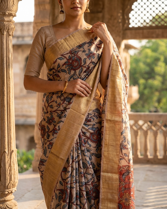 VanaLeela - Hand-Painted Pure Tussar Silk Kalamkari Saree