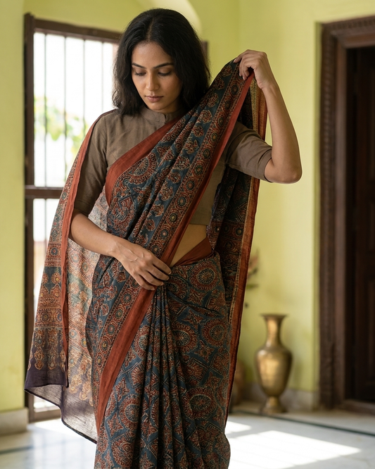 Mihira - Handcrafted Ajrakh Saree with Lambani Embroidery