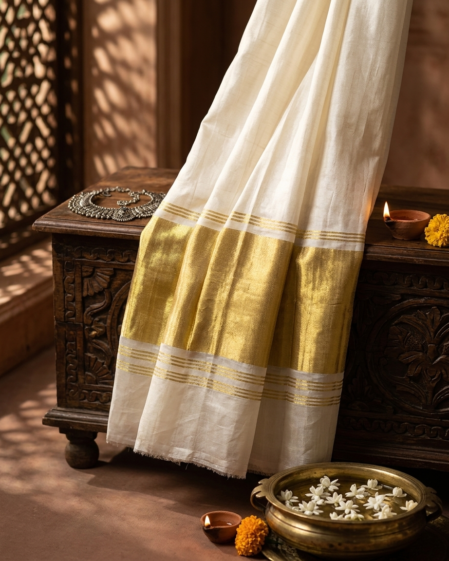 Rosaya 'Shubhra' Classic Kerala Kasavu Saree