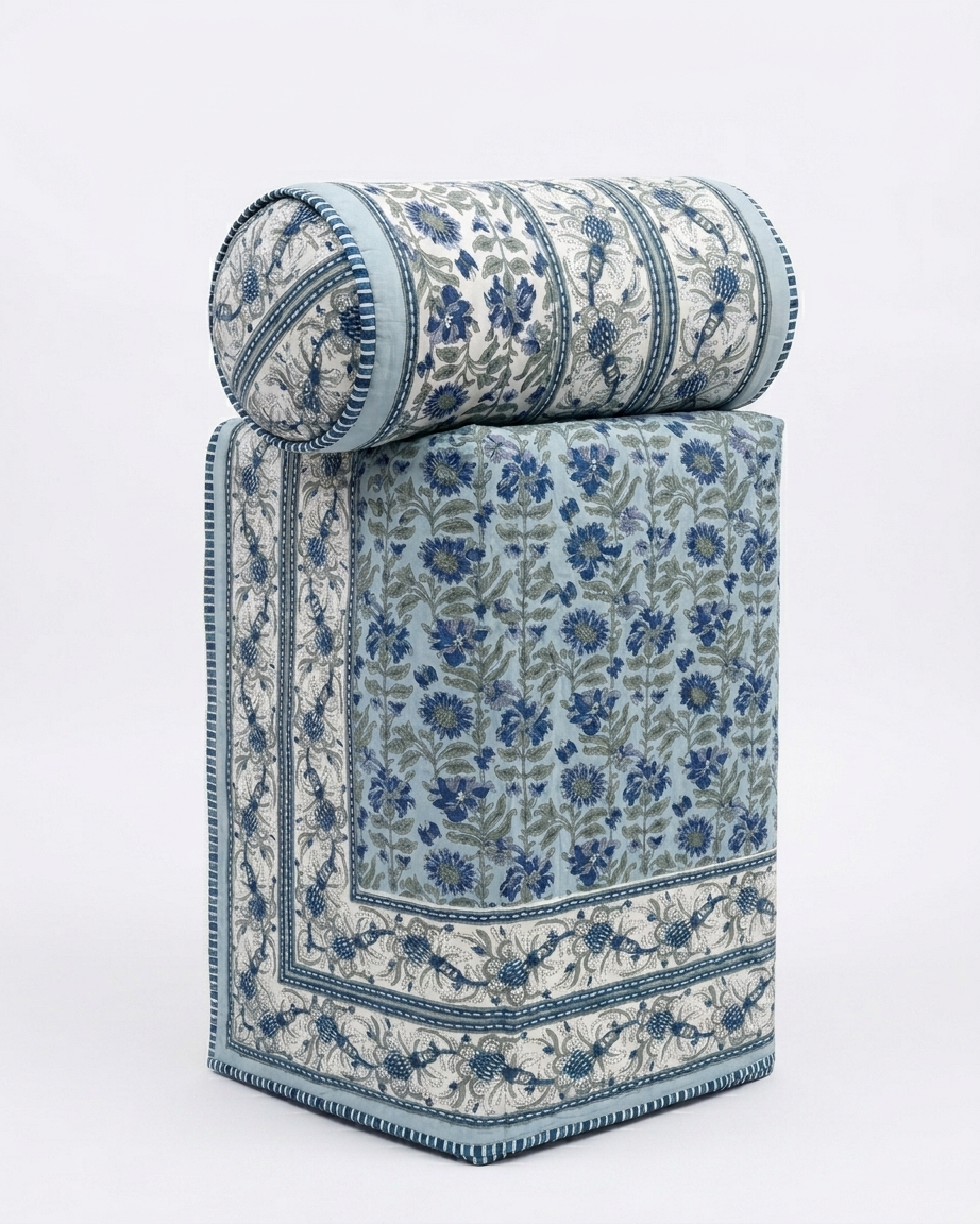 Jaipuri Hand Block Printed Cotton Dohar – Blue Floral Reversible Lightweight Quilt (AC Comfort) | Rosaya