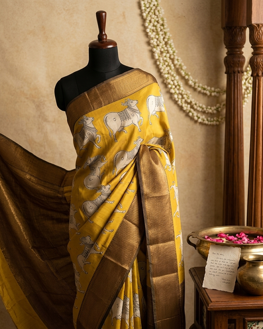 Mustard Yellow Handblock Saree with Elephant Motif & Zari Border | Traditional Cotton Silk Saree – Rosaya