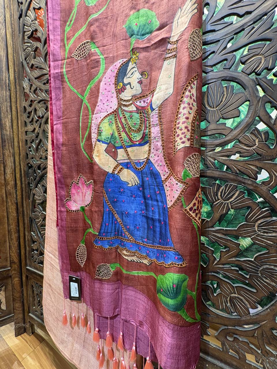 Rosaya 'Padmavati' Hand-Painted Nayika & Lotus Silk Saree with Zardosi Work