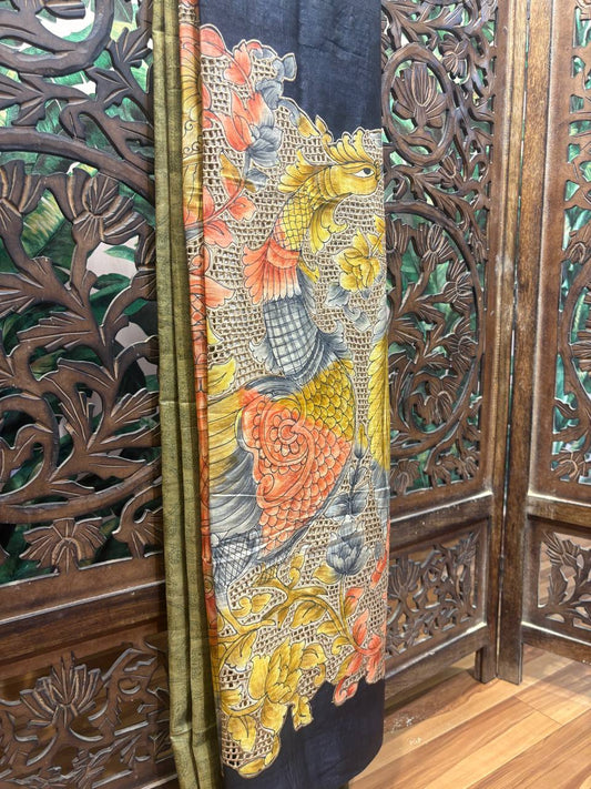 Rosaya 'Mayur-Jaal' Hand-Painted Kalamkari Tussar Silk Saree