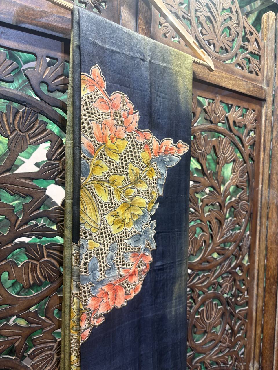 Rosaya 'Mayur-Jaal' Hand-Painted Kalamkari Tussar Silk Saree