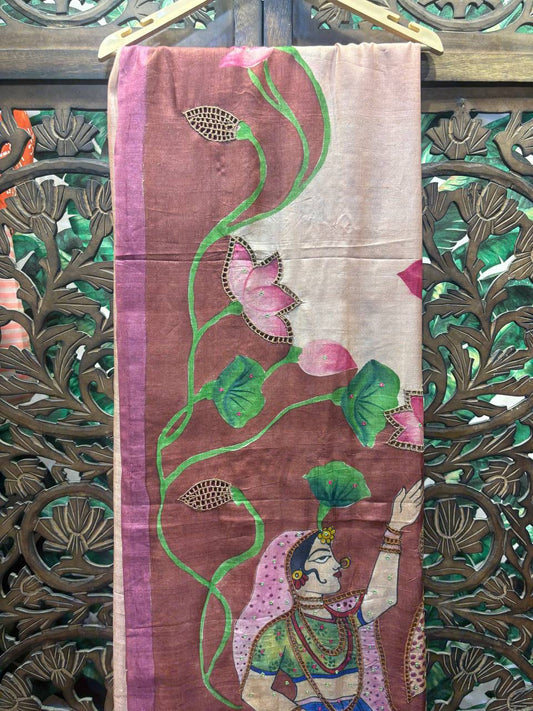 Rosaya 'Padmavati' Hand-Painted Nayika & Lotus Silk Saree with Zardosi Work