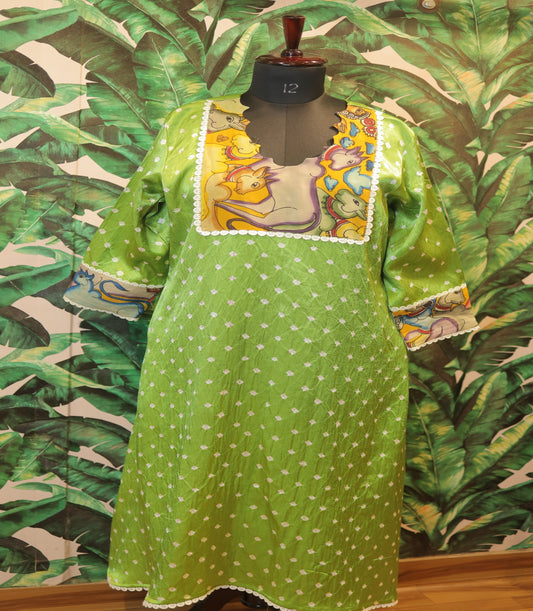 Modal silk with bandhej and hand print kalamkari fabric, enhance neck and hand