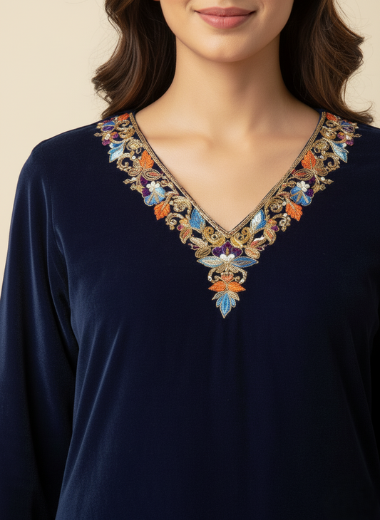 Close-up of embroidered V-neck velvet kurta – navy blue Rosaya set