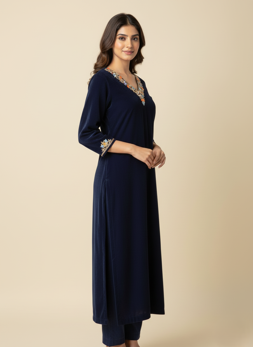 Model wearing navy blue velvet kurta with embroidered neckline – side pose