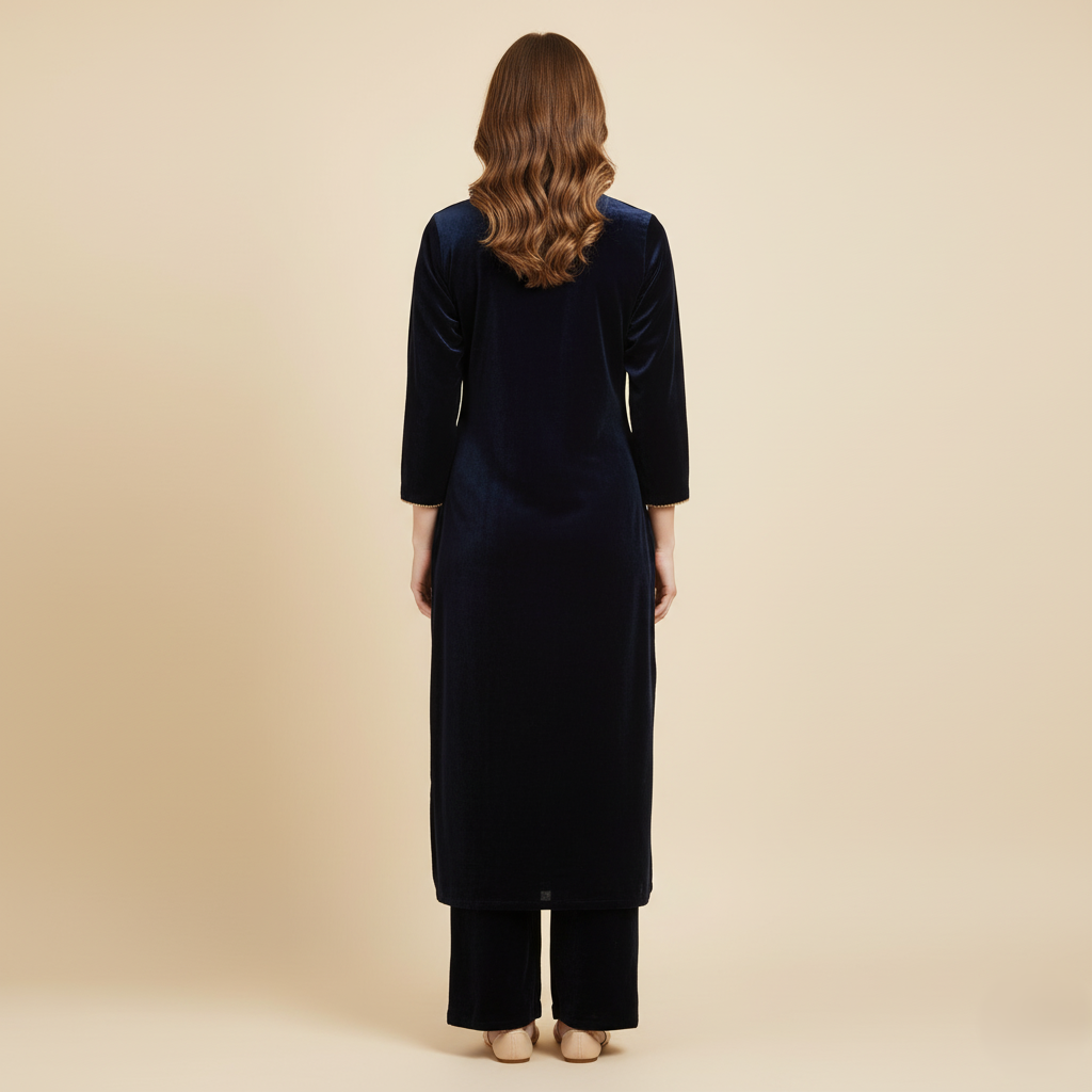  velvet kurta – back View navy blue Rosaya set 
