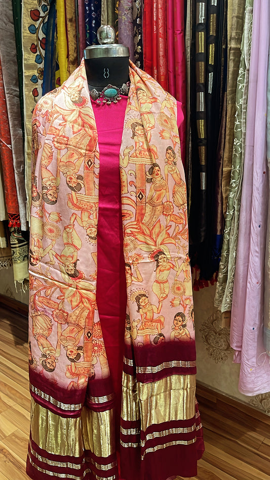 Ajrakh kalamkari dupatta with satin silk kurti set of two