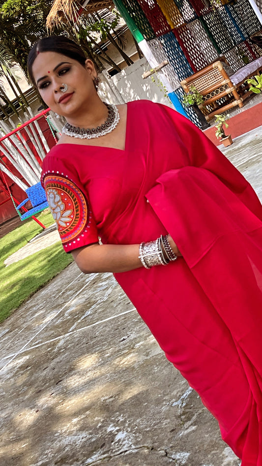 madhubani hand embroidery blouse with plain crape silk saree