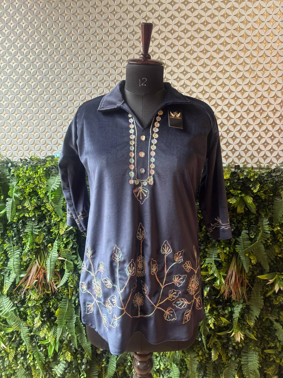 Rosaya Midnight Navy Embroidered Winter Cord Set for Women