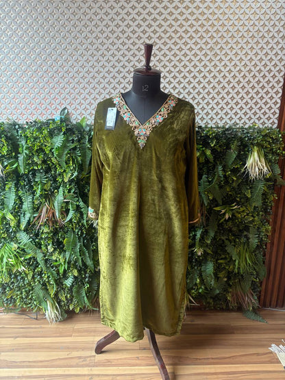 Rosaya Olive Green Velvet Embroidered Cord Set for Women