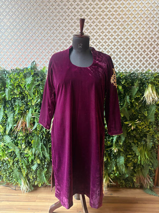 Rosaya Deep Maroon Velvet Embroidered Winter Cord Set
