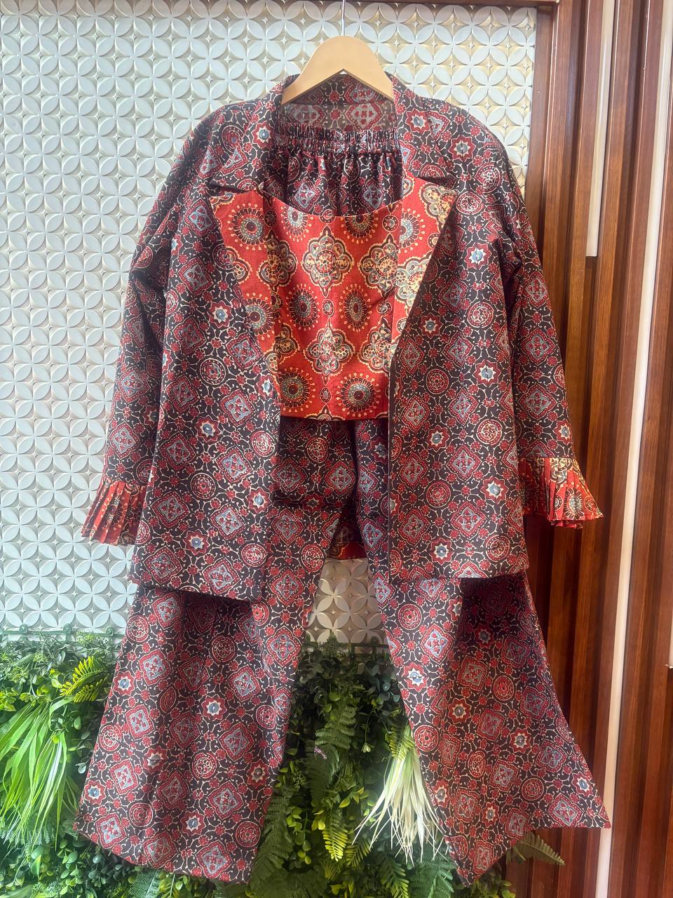 Ajrakh Cotton 3-Piece Co-ord Set (Jacket, Bustier & Wide Pants)
