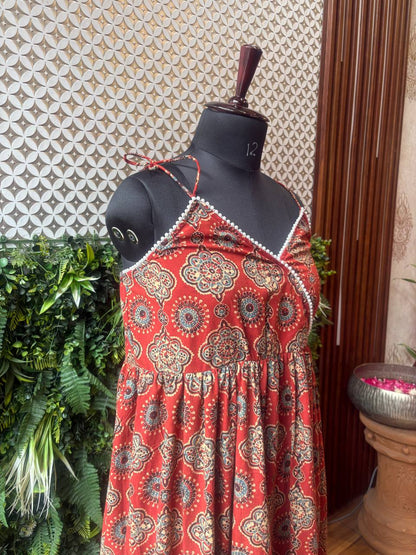 Ajrakh Handblock Cotton One-Piece Maxi Dress – Traditional Boho Flared Outfit
