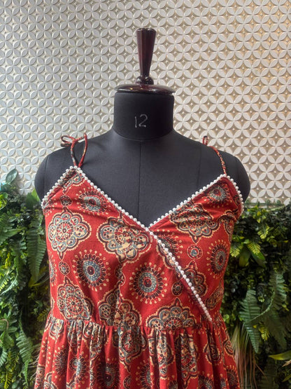 Ajrakh Handblock Cotton One-Piece Maxi Dress – Traditional Boho Flared Outfit