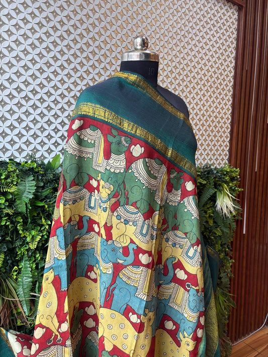 Devyani - Bottle Green Handpainted Kalamkari Kanjivaram Dupatta