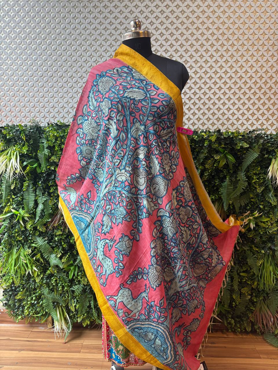 Full view of the Aarika Kalamkari dupatta, showcasing the entire Tree of Life block print design and the contrasting yellow Nijam border.
