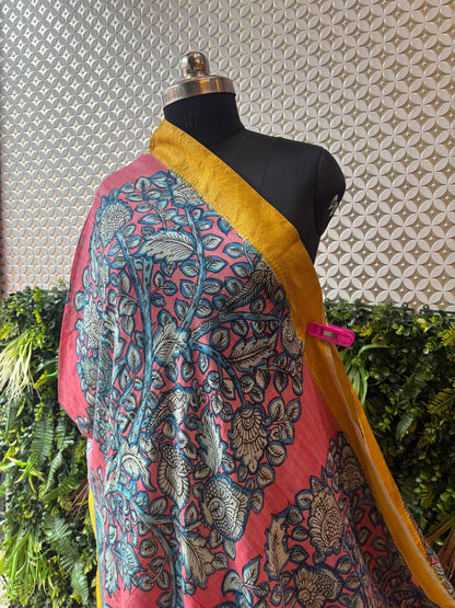 Aarika - Pink Tree of Life Kalamkari Dupatta with Nijam Border