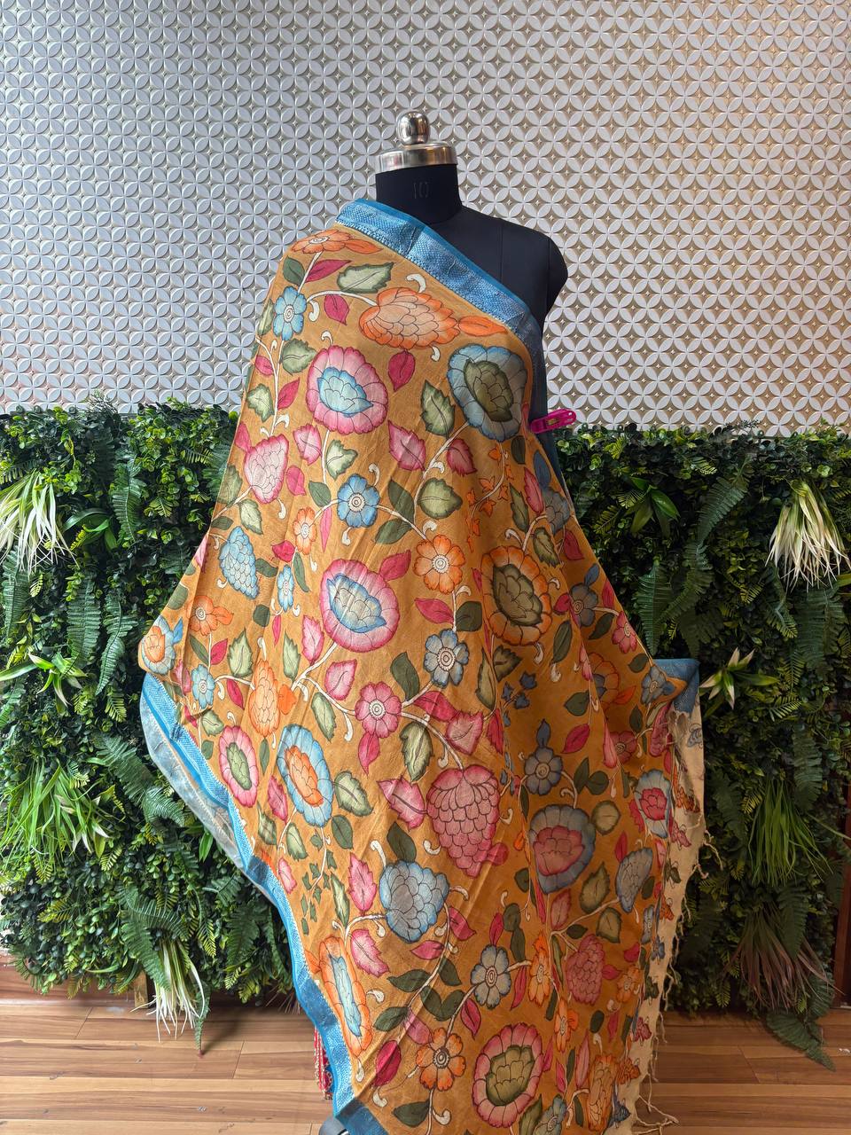 Full view of the Aarika Kalamkari dupatta, showcasing the entire Tree of Life block print design and the contrasting yellow Nijam border.