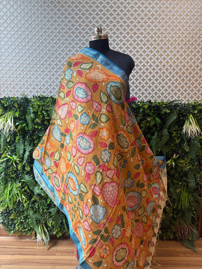 Full view of the Aarika Kalamkari dupatta, showcasing the entire Tree of Life block print design and the contrasting yellow Nijam border.