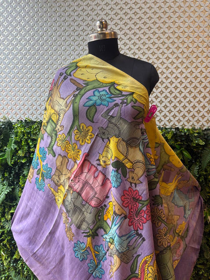 Naina - Lilac & Yellow Hand-Painted Kalamkari Dupatta