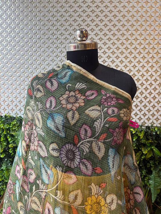  A close-up of the Bahaar Kota Silk dupatta, showcasing the detailed floral print in muted pinks and blues on an olive green base.