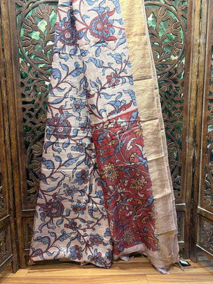 VanaLeela - Hand-Painted Pure Tussar Silk Kalamkari Saree
