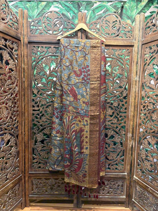 Vriksha - Hand-Painted Kalamkari Kanchipuram Silk Saree