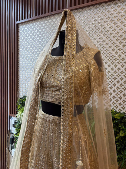 Champagne Gold Sequin & Mirror Work Lehenga Set by Lable Rosaya