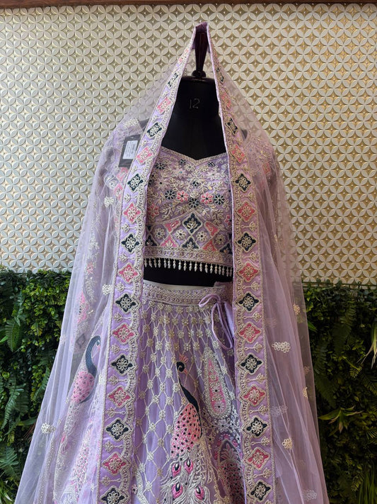 Lavender Peacock Embroidered Lehenga Set by Lable Rosaya