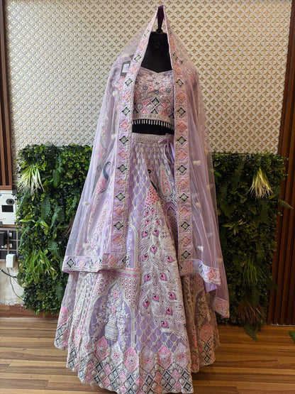 Lavender Peacock Embroidered Lehenga Set by Lable Rosaya
