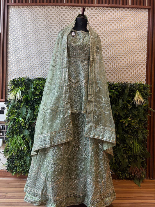 Ethereal Sage Green Peplum Sharara Suit by Lable Rosaya