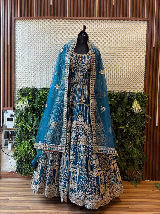 Regal Teal Blue Bridal Anarkali Gown by Lable Rosaya