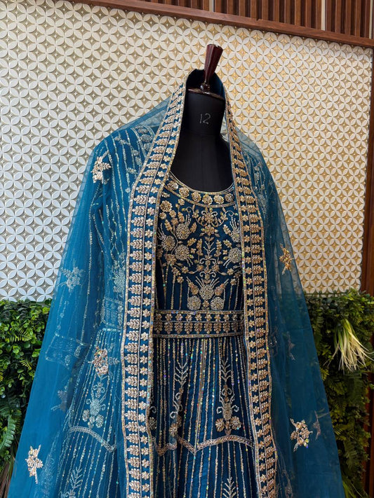 Regal Teal Blue Bridal Anarkali Gown by Lable Rosaya