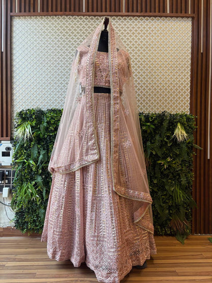 Dusty Rose Pearl & Sequin Lehenga Set by Lable Rosaya