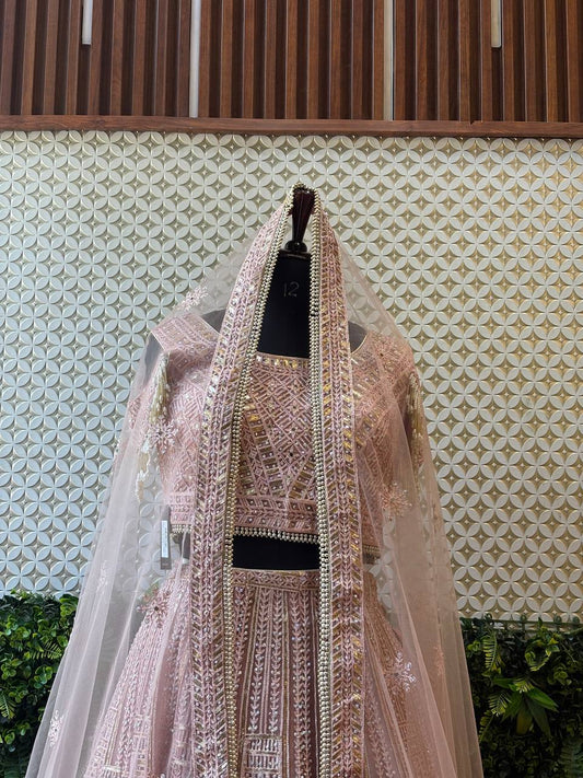 Dusty Rose Pearl & Sequin Lehenga Set by Lable Rosaya