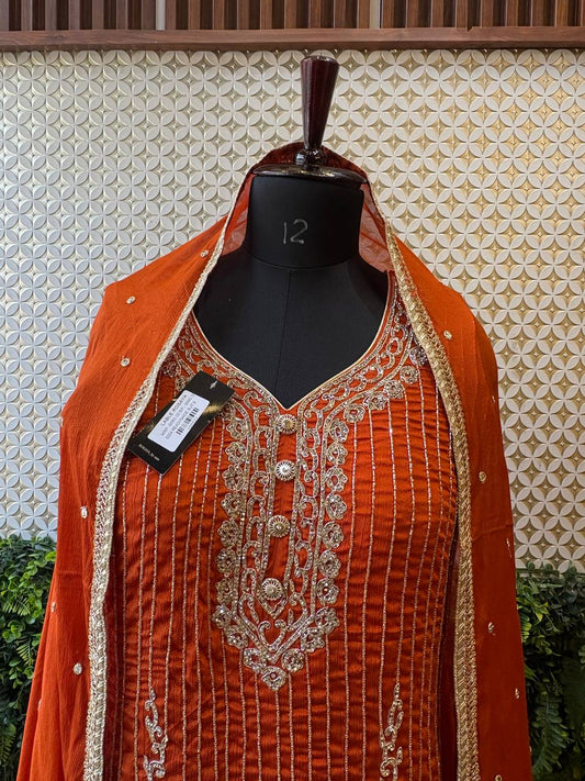 Regal Rust Zardozi Embroidered Kurta Set by Lable Rosaya