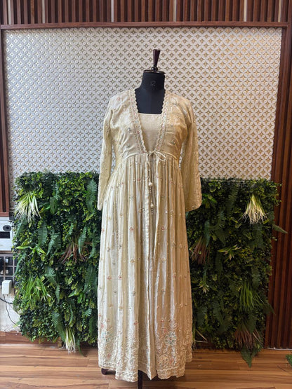Ethereal Ivory Anarkali Gown with Pastel Floral Jacke