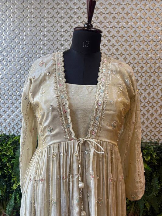 Ethereal Ivory Anarkali Gown with Pastel Floral Jacke