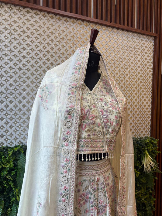 Ivory Floral Resham Embroidered Lehenga Set