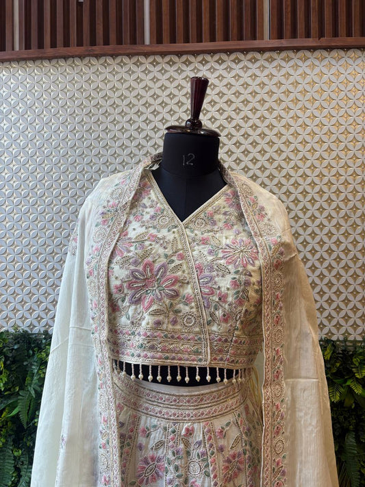 Ivory Floral Resham Embroidered Lehenga Set