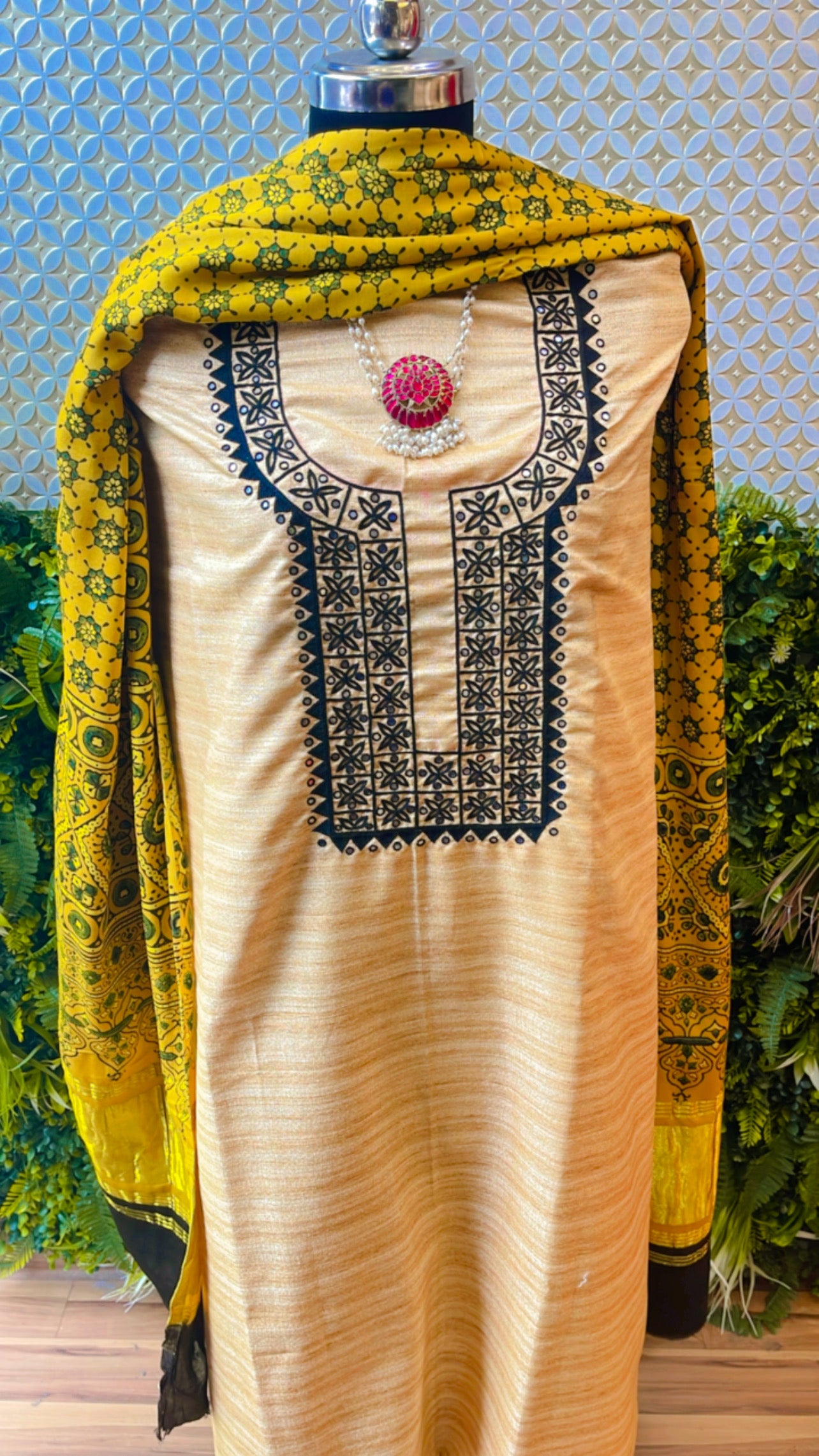 MADHUBANI hand embroidery on semi tassar silk with ajrak dupatta TWO PIECE SET